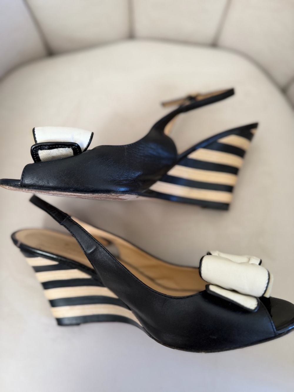 Kate Spade NY Isola Striped Wedge Slingback Sandals black white bow Shoes Y2K 8 - Picture 3 of 14